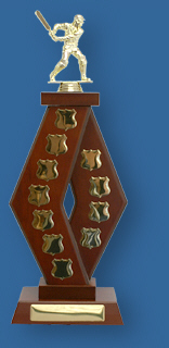Perpetual Trophy LAR25t X-shaped design in walnut timber with gold engraving plates