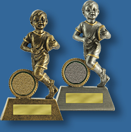 Rugby Trophy TR#601_6Little Champs Series. Silver and gold rugby trophies.