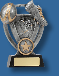 Rugby Trophy Generic Resin. Budget Theme Series. Able to be engraved. Antique Silver theme with ball boot and player detail. Gold trim.