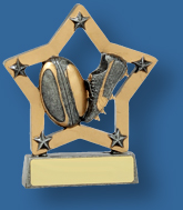 Rugby Trophy Generic Resin. Mini Star Series. Can be engraved. Silver Gold trim with ball and boot detail inside a star.