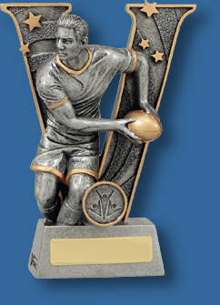 Rugby Trophy Male Resin. V Series Rugby. Iconic Rugby passing action.