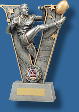 Aussie Rules Trophy Male Resin. V Series. Tall silver victory Aussie Rules trophy