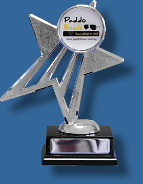 Silver Star Trophy with 50mm Insert, shiny plastic figure on dark rosewood timber base