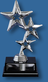 Silver triple star trophy, shiny plastic figure on dark rosewood timber base