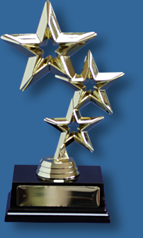 Gold triple star trophy, shiny plastic figure on dark rosewood timber base.