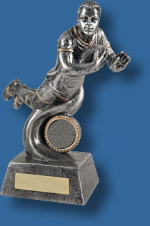 Rugby Trophy Male Resin. Swan Dive Style. Can be engraved.,Antique Silver trophy showing male rugby player diving in for a try.