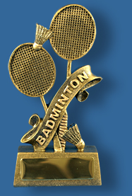 Classic gold badminton trophy theme, a popular and affordable choice, with a design featuring racquet and shuttlecock elements.