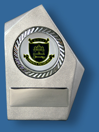 Silver free standing award with school logo