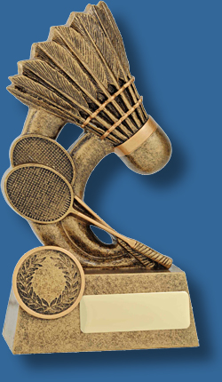 Stylish theme design features racquets and prominent shuttlecock with a bright bright bronze tone. The Epic Badminton Trophy series has an engravable plate on the front.