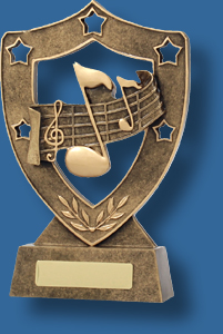 Music Trophy Generic Resin. Gold Shield Series. shield with music notes Music award