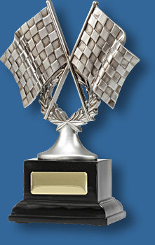 Motor Sports Trophy Generic Resin. Silver Flags Series. Silver mounted crossed flags Motor Sports trophy