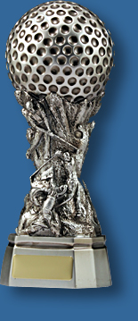 Silver Golf ball mounted on riser with players trophy