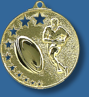Rugby medal bright star.Rugby Medal Generic Metal. Gold detail of figure and ball. Can be engraved.