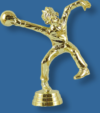 Comic tenpin figure, suitable for novelty style trophies in bright gold colour, attaches to most bases