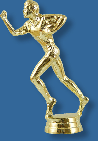 Male touch football trophy figure, carrying the ball figurine in bright gold colour, attaches to most bases