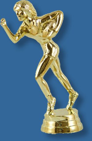 Female touch football trophy figurine, carrying the ball figure in bright gold colour, attaches to most bases