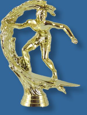 Surfing trophy figurine in bright gold colour, attaches to most bases