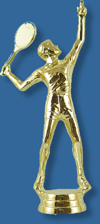 Male tennis trophy figure, serving the ball, bright gold colour, attaches to most bases