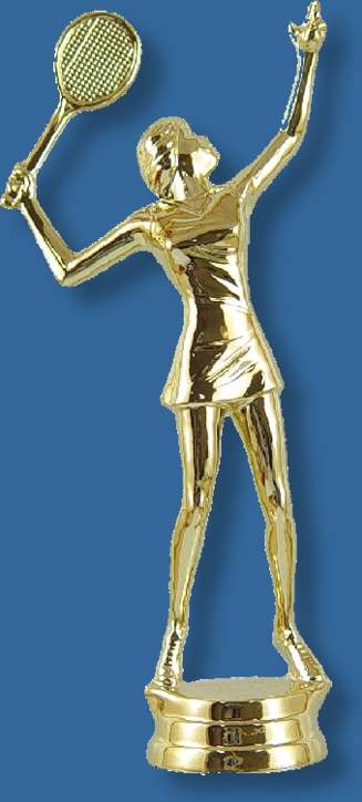 Female tennis trophy figure, serving the ball, bright gold colour, attaches to most bases