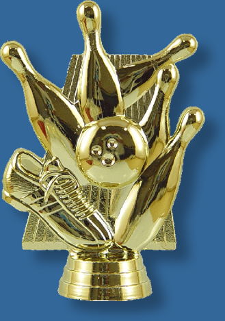 Tenpin trophy gold theme figure, featuring pins, ball and shoes in bright gold colour, attaches to most bases