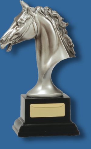 Large silver on black horse bust trophy