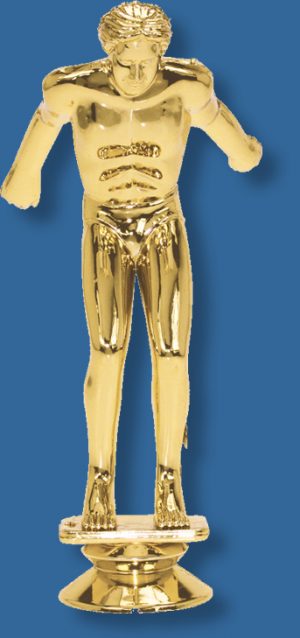 Large male swimming trophy figurine in diving position in bright gold colour, attaches to most bases