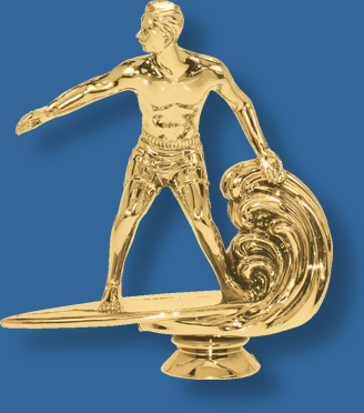 Male surfing trophy figurine in bright gold colour, attaches to most bases