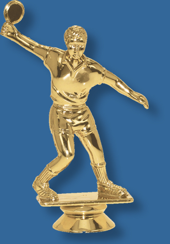 Male table tennis trophy player figurine in bright gold colour, attaches to most bases