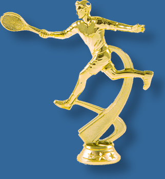 Forehand male tennis trophy figurine in bright gold colour, attaches to most bases