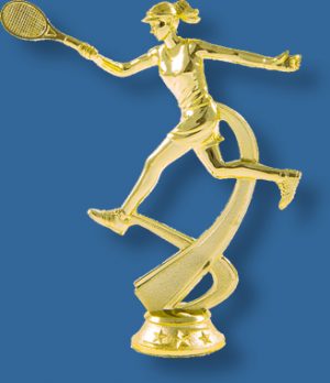 Forehand female tennis trophy figurine in bright gold colour, attaches to most bases