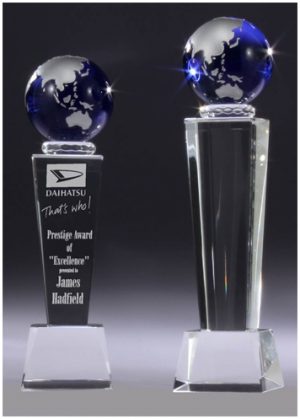 Crystal raised blue globe business award