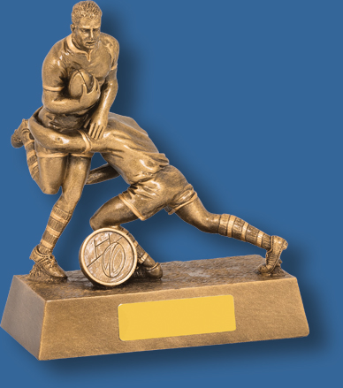 Rugby Trophy Male Resin. Double Action Tackle. Engravable plate.. Gold Tone runner and tackler.