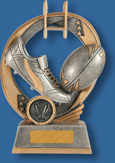 Rugby Trophy Generic Resin. Elliptical Series. Silver and gold tones with Rugby Ball and boot detail.