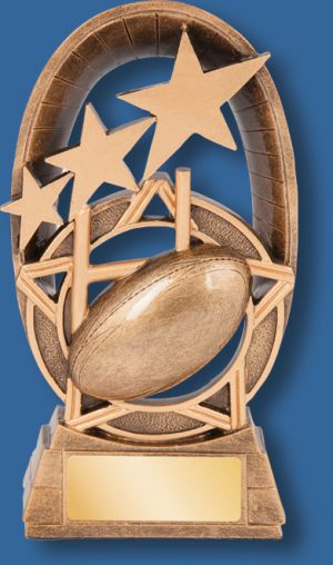 Rugby Trophy Generic Resin. Galaxy Series. Can be engraved. Bronze tone ball and posts.