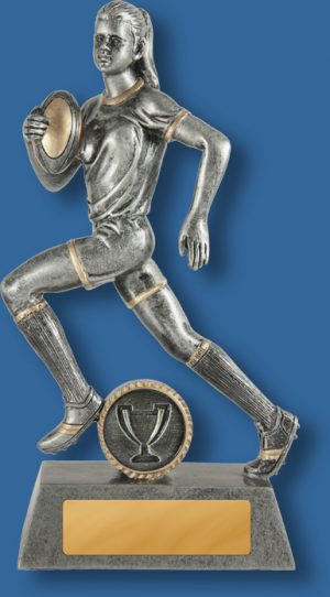 Rugby Trophy Female Resin. Hero Series. Can be engraved. Female Rugby Sprinting with ball at chest.