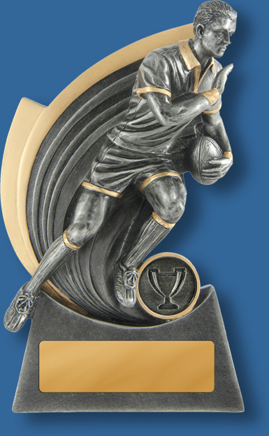 Rugby Trophy Male Resin. Kaboom Series. Engravable plate. Running Ball Carries. Antique Silver with gold trim.