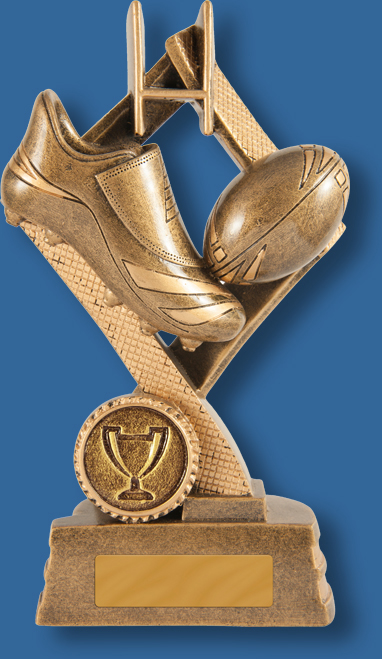 Rugby Trophy Generic Resin. Diamond Series. Engravable plate., Gold tone ball and boot detail.