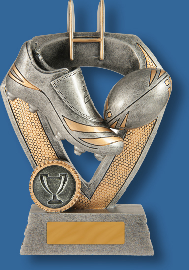 Rugby Trophy generic Resin. Shield Series. Can be engraved. Antique Silver with gold trim and Ball and Boot Details.