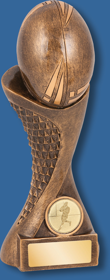 Rugby union trophy volt series. Bronze tall plinth with ball on the top.