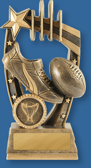 Aussie Rules Trophy Generic Resin. Maverick Footy Trophies are a well designed themed award featuring ball, boots and posts in bronze and gold tones.  Professionally engraved on site.