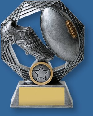 Aussie Rules Trophy Silver Tone Resin. Opal Series Footie Trophies offers a themed antique silver finish that features a detailed footy boot and ball.