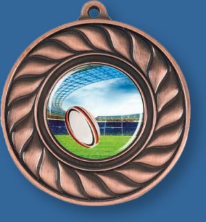 Bronze Rugby Medal with neck ribbon.