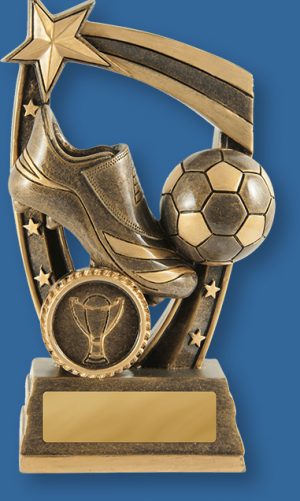 Football Trophy Maverick Series. Bronze tone with gold highlights. Detail of ball boot and star.