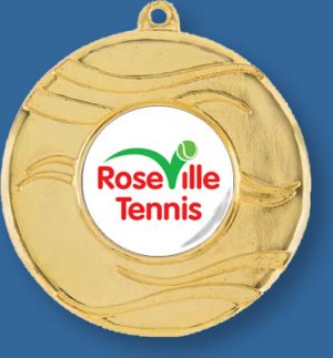 Gold Tennis Medal with neck ribbon.