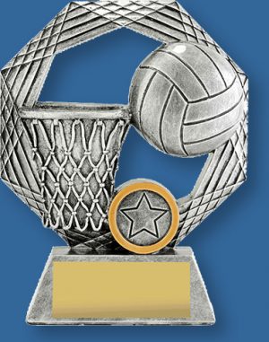 Netball Trophy Opal series. The Opal Series offers a distinctive design that features iconic combination of ball and goal. These Netball Trophies have distinctive silver tone.