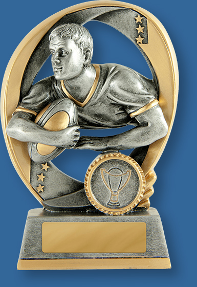 Rugby Trophy Male Resin. Elliptical Series. Can be engraved. Detail diving for a try inside an elliptical loop. Antique silver with gold trim.