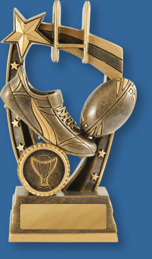 Rugby Trophy Generic Resin. Maverick Series. Engravable plate.. Gold Tone Ball and Boot Detail.