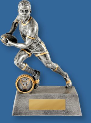 Rugby Trophy Male Resin. Mercurial Playmaker Series. Can be engraved! Running action ball in hands. Antique Silver with Gold Trim.