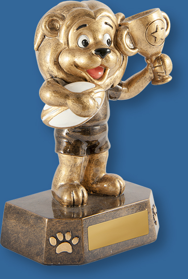 Rugby Union Trophy Generic Resin. Rugby Lion Style. Engravable plate! Small gold tone figure of a animated lion holding cup and ball.