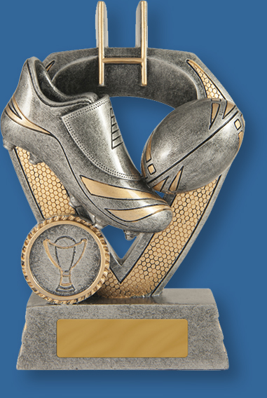 Rugby Union Trophy Shield Series Silver with gold trim and boot and ball detail.